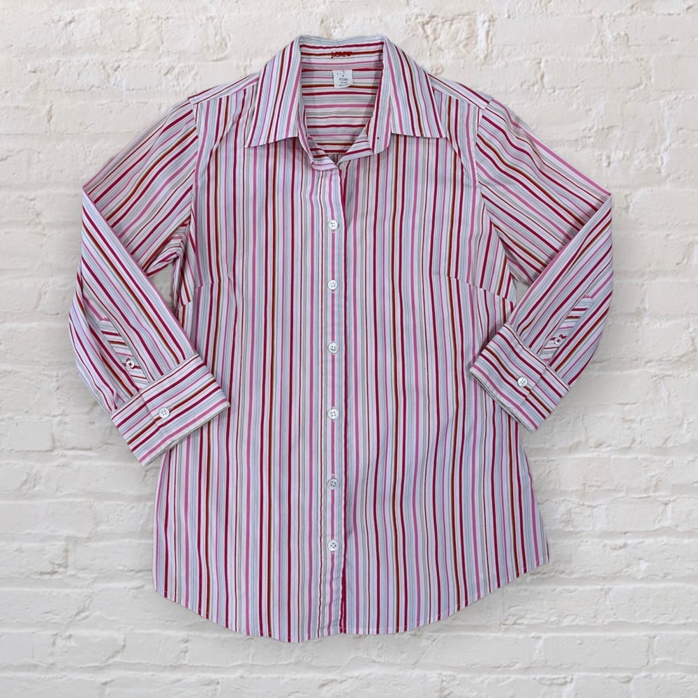 J Crew Pink and White Striped Three Quarter Length Sleeve Button Down Blouse